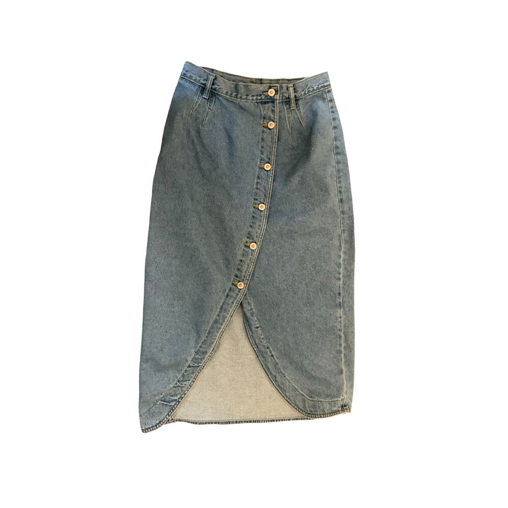 No Excuses Jean Skirt Womens Size 27W Denim Midi Skirt Button Front Vintage